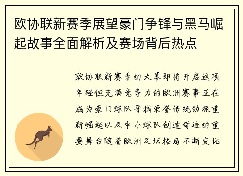 欧协联新赛季展望豪门争锋与黑马崛起故事全面解析及赛场背后热点