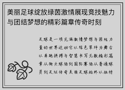 美丽足球绽放绿茵激情展现竞技魅力与团结梦想的精彩篇章传奇时刻